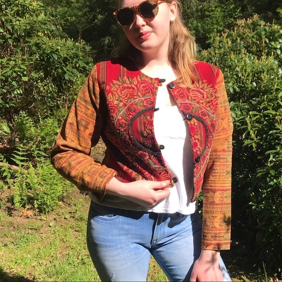 Vintage Festival Cropped Jacket Small Rust Floral - Picture 1 of 10